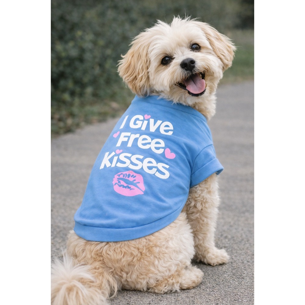 I Give Free Kisses Blue Pet T-Shirt Large‎ Dog Cat Graphic Tee Love Hearts Puppy